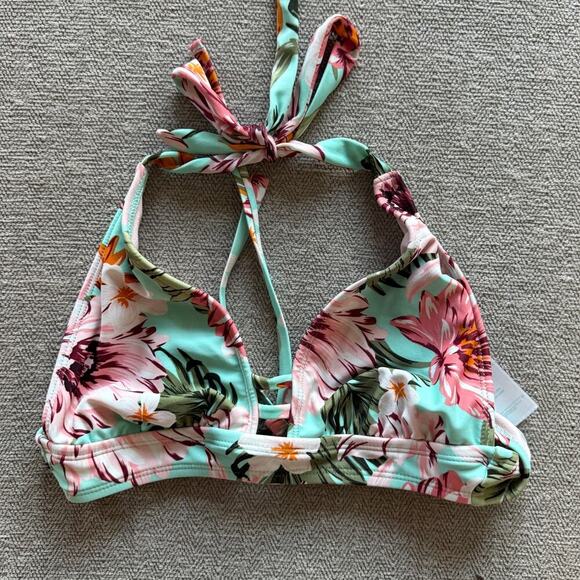 Kona Sol Floral Triangle Bikini Top Sz S Blue Pink Tie Back Swimwear - Picture 1 of 4